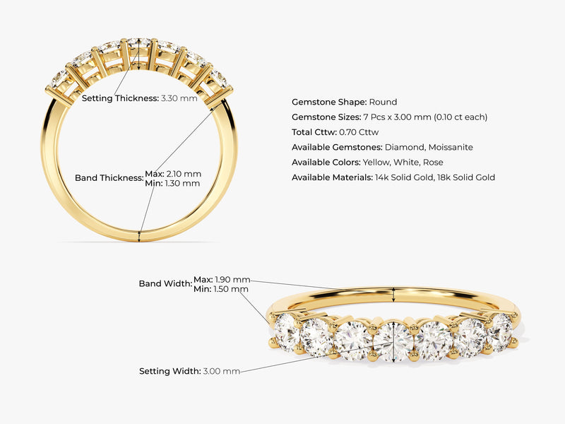 Diamond eternity ring, 14k gold, round gemstones, detailed measurements