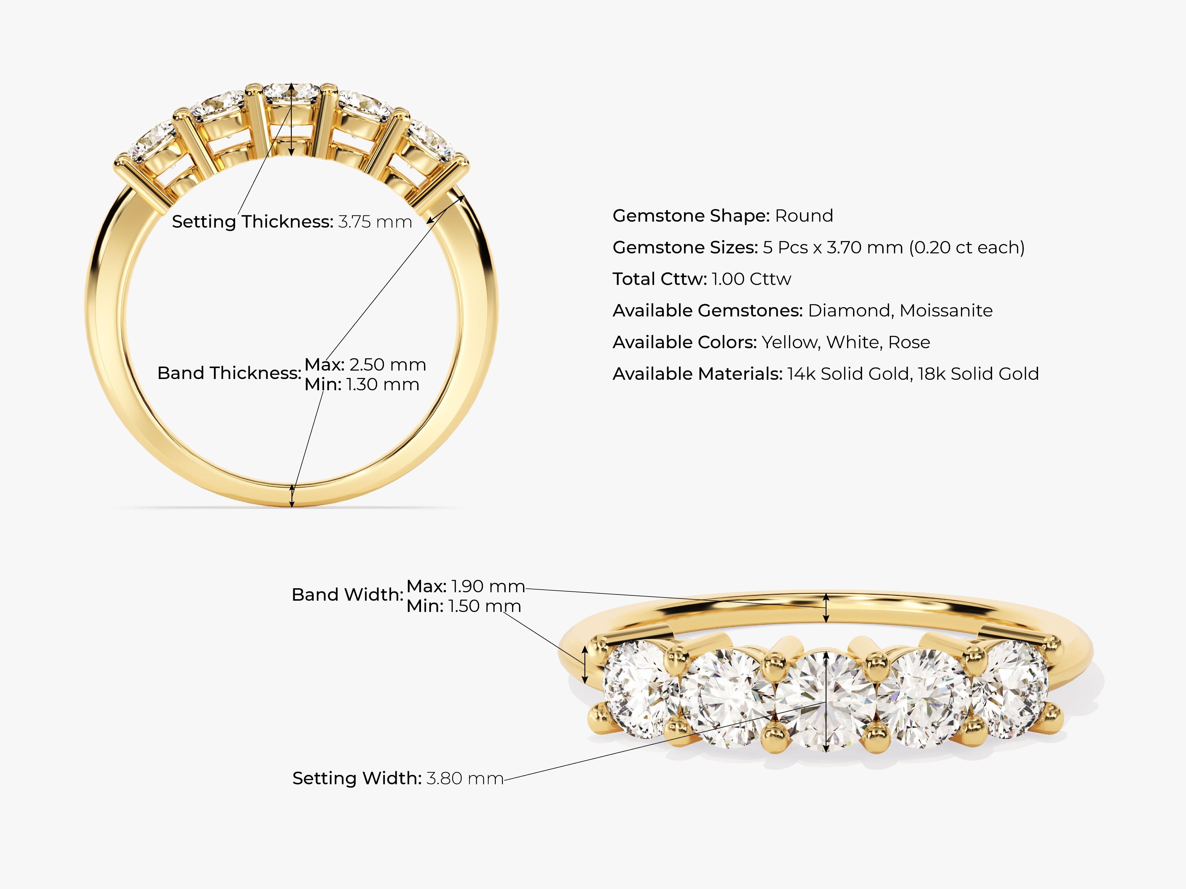 Gold diamond ring with detailed measurements and specifications