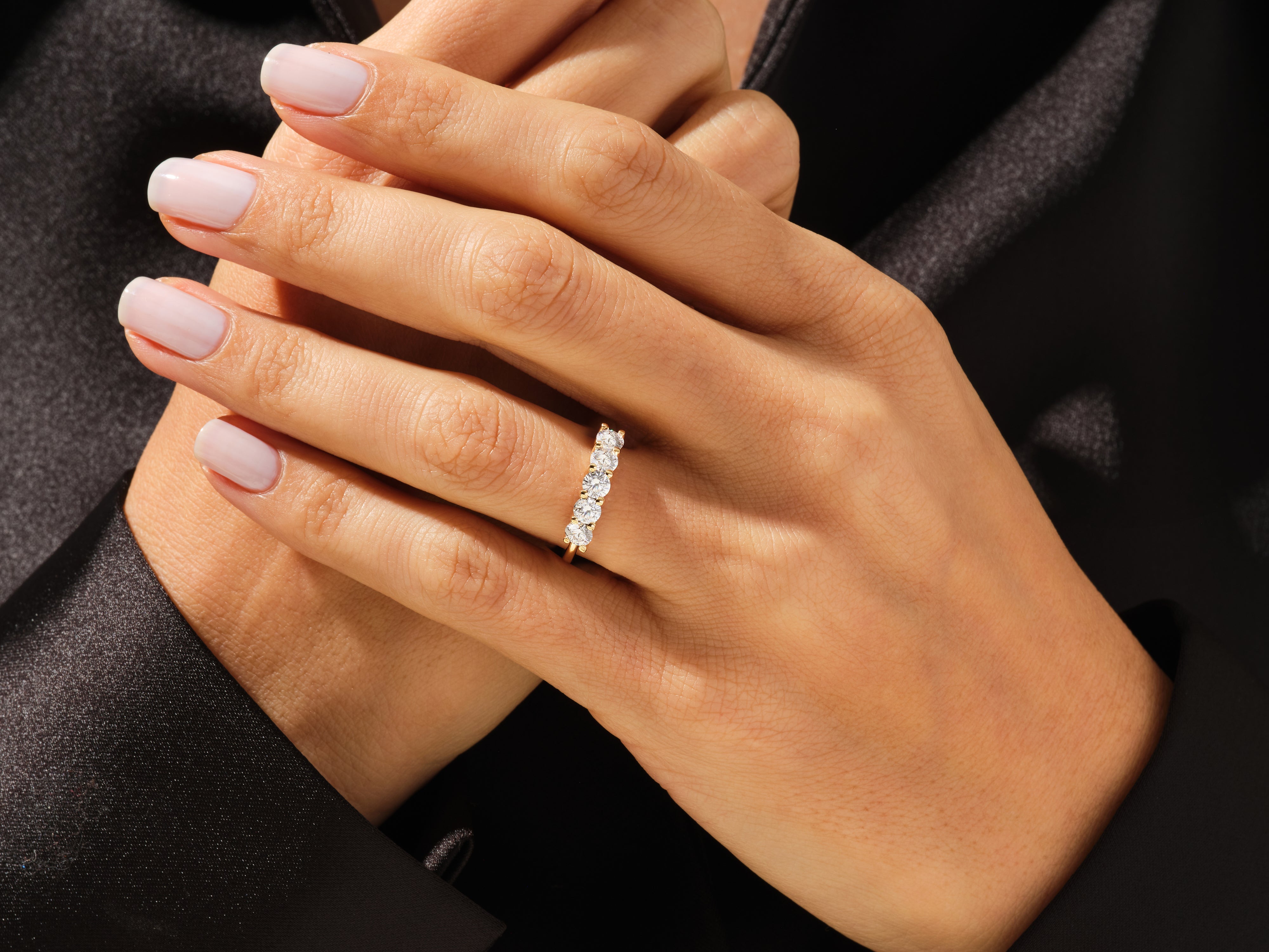 Diamond band ring on a woman's hand, elegant jewelry