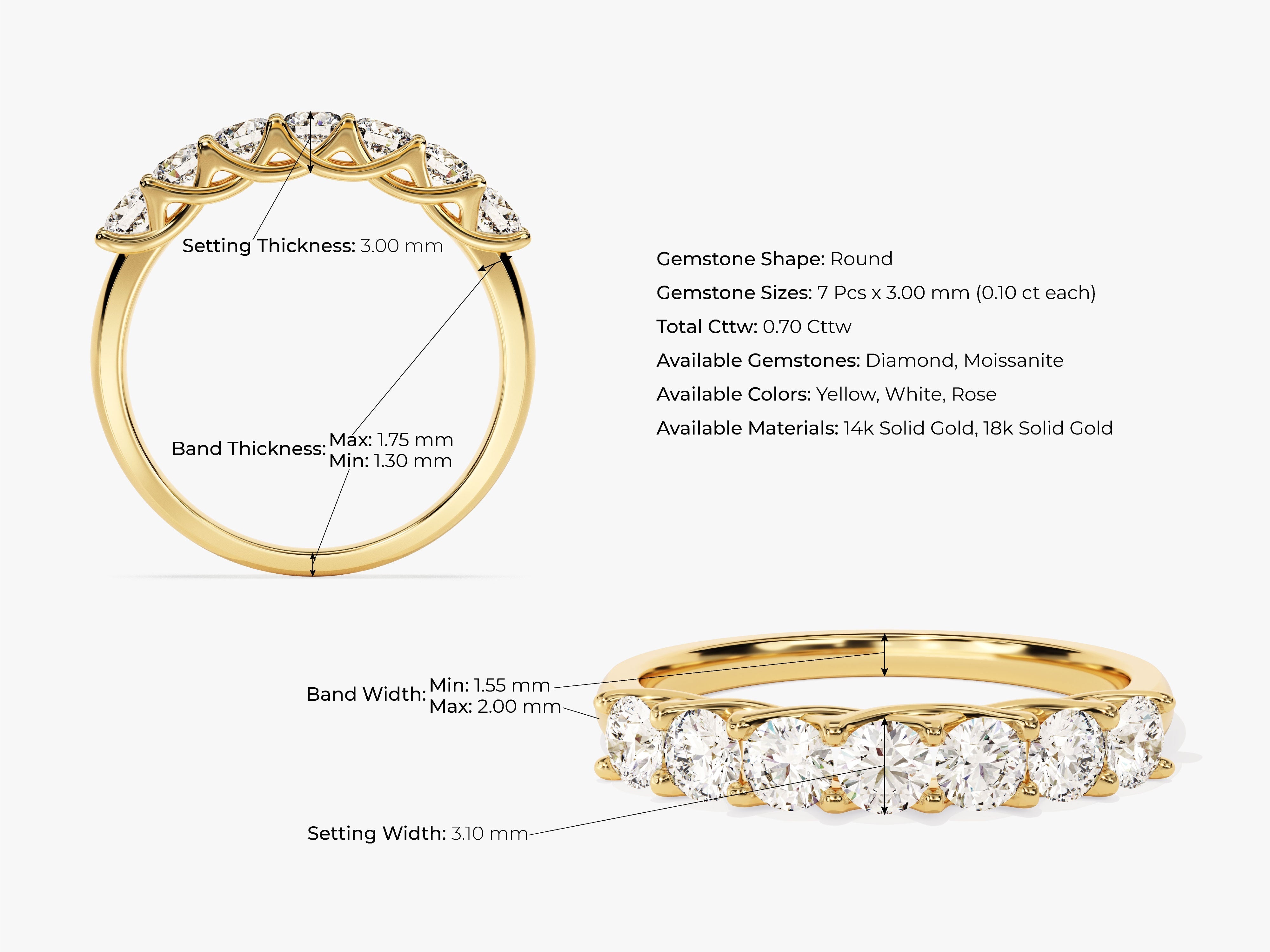 Diamond eternity ring with detailed measurements and material options