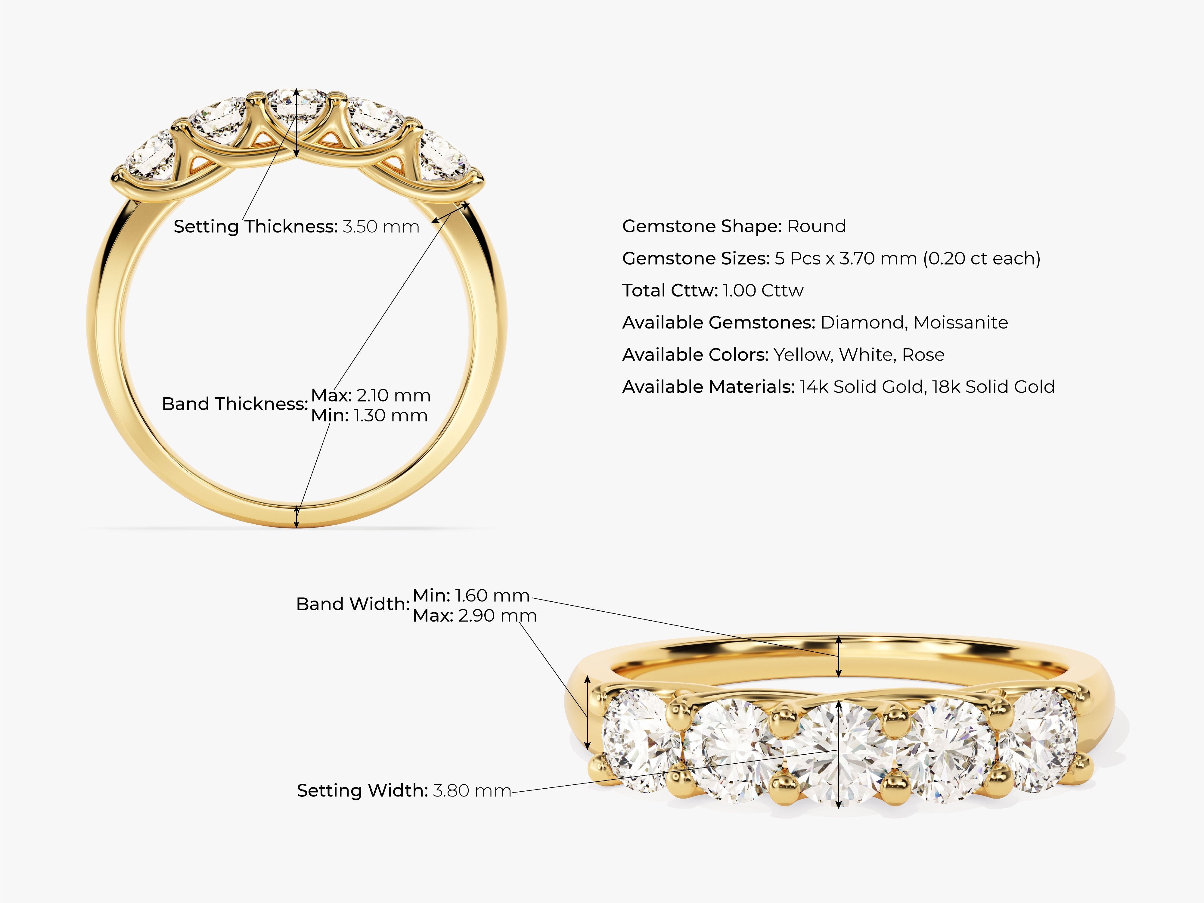 Gold diamond eternity ring with detailed measurements
