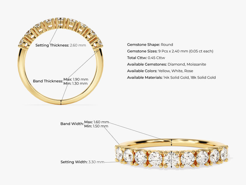 Gold diamond eternity ring with detailed measurements