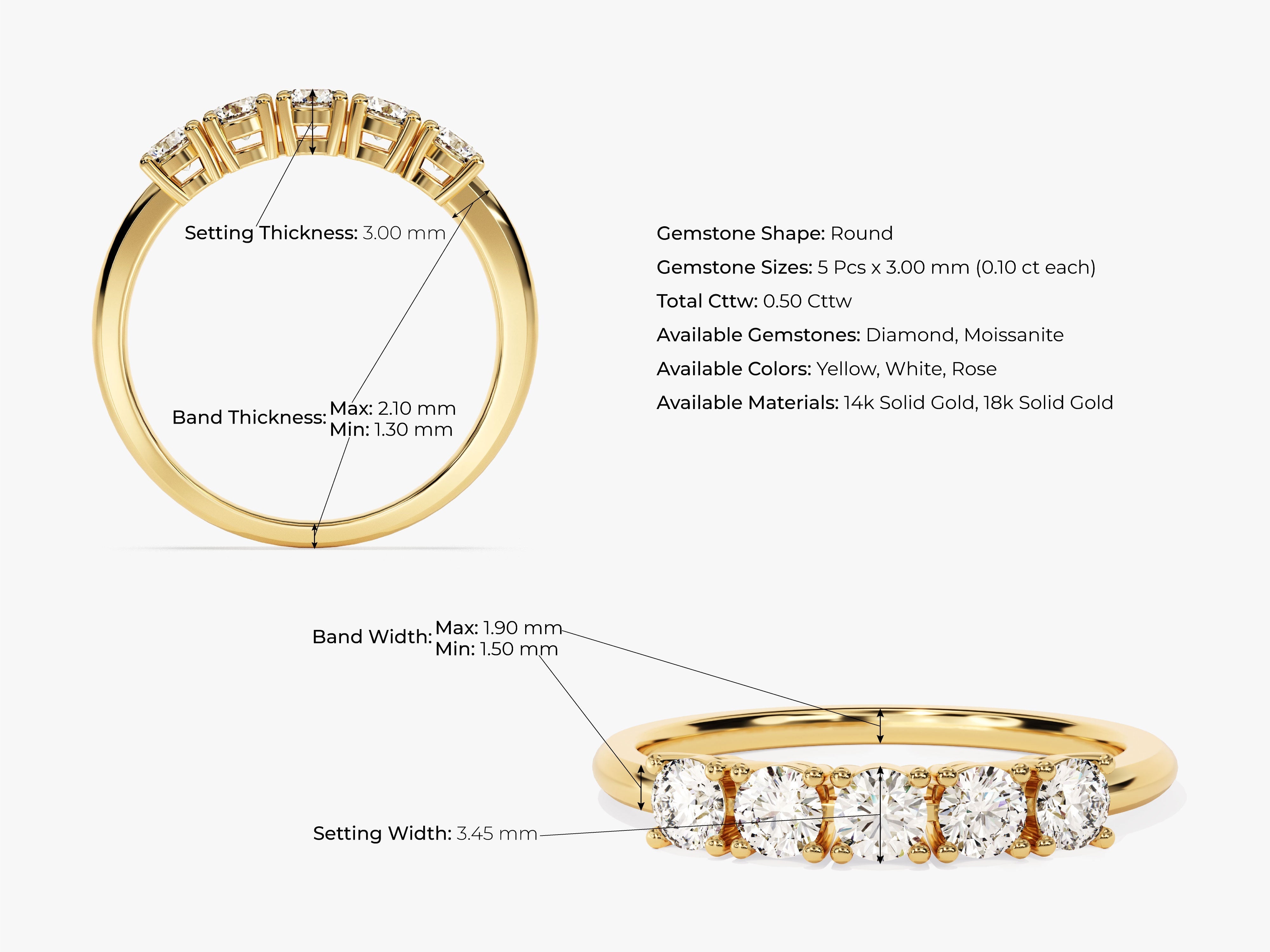 Gold diamond band ring with detailed measurements