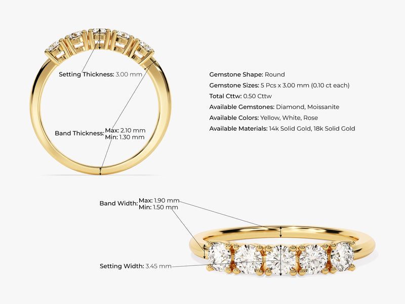 Gold diamond band ring with detailed measurements