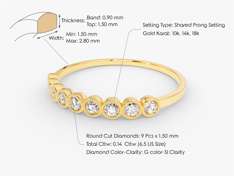 Gold diamond ring with shared prong setting and detailed specifications