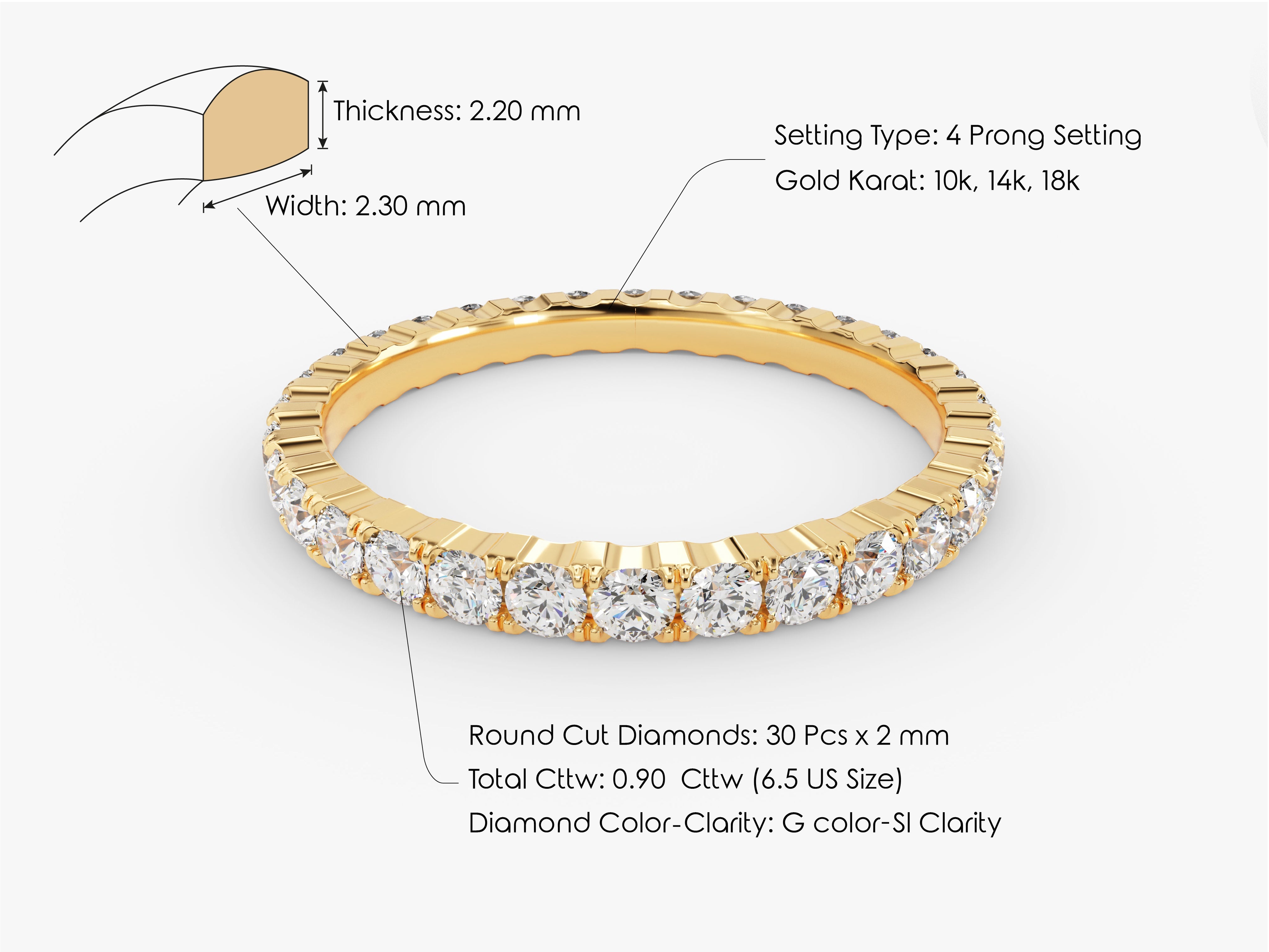 Gold diamond eternity ring, 4 prong setting, 10k-18k gold
