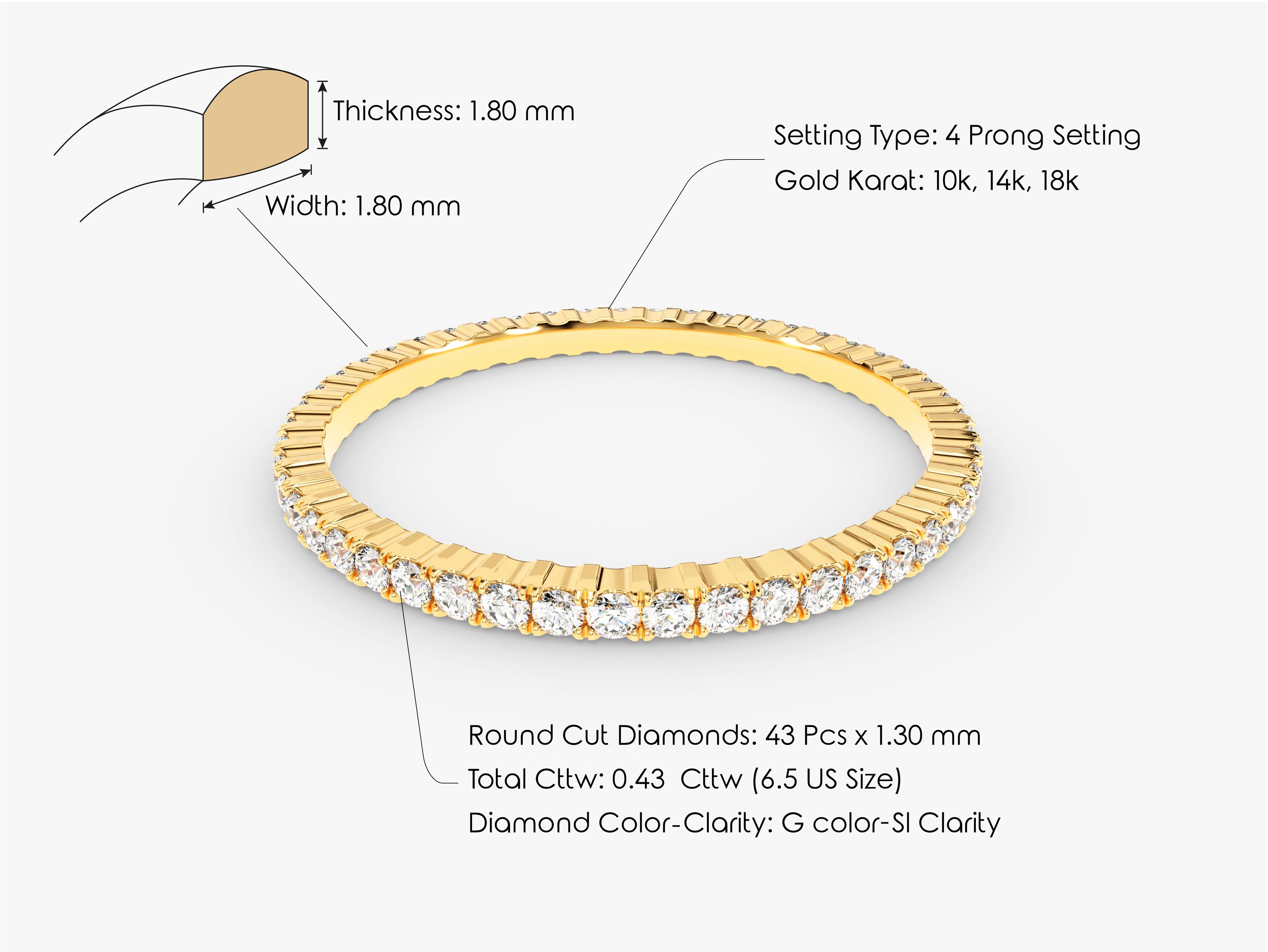 Diamond eternity ring, 4 prong setting, 10k-18k gold