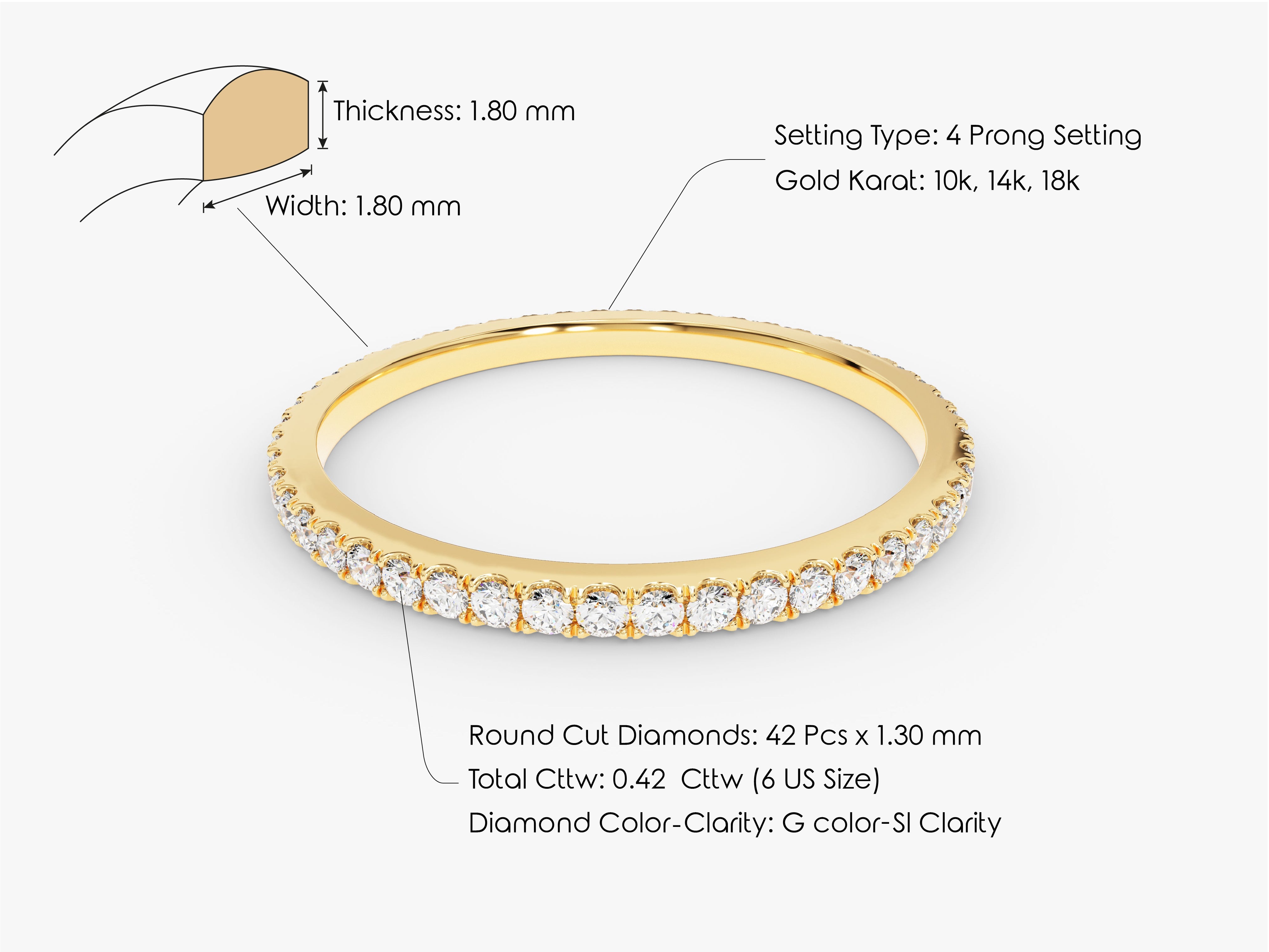 Diamond eternity band, 4 prong setting, 10k-18k gold