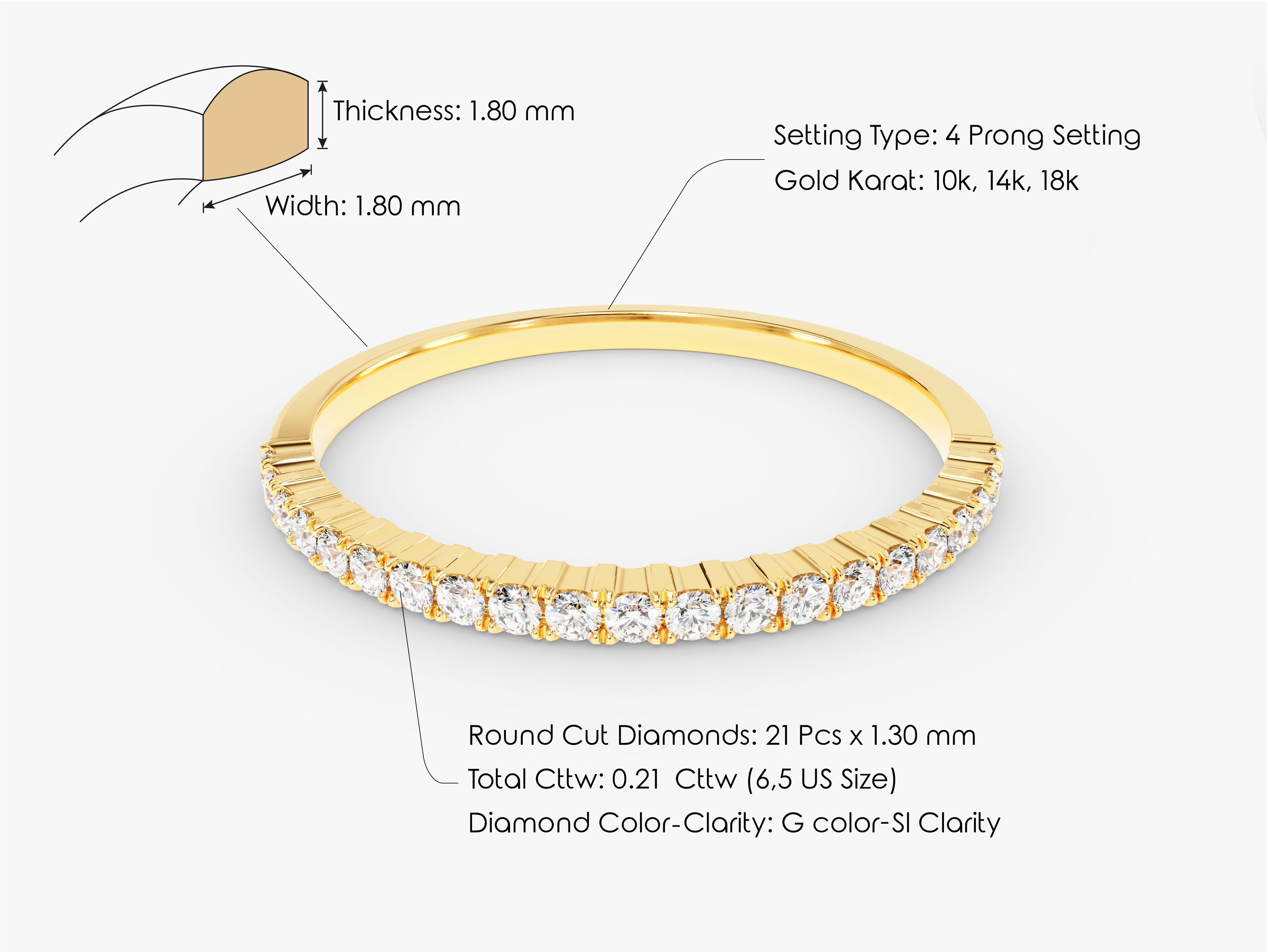 Gold diamond ring with 4 prong setting and 21 round cut diamonds