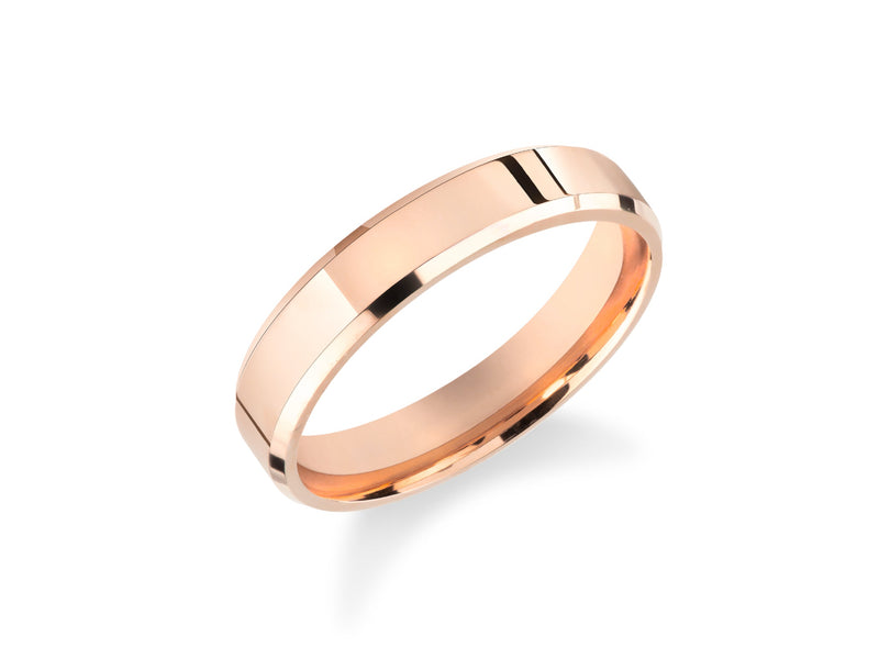 Rose gold wedding band with polished beveled edges