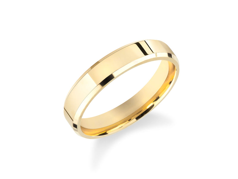 Gold wedding band with polished finish and beveled edges