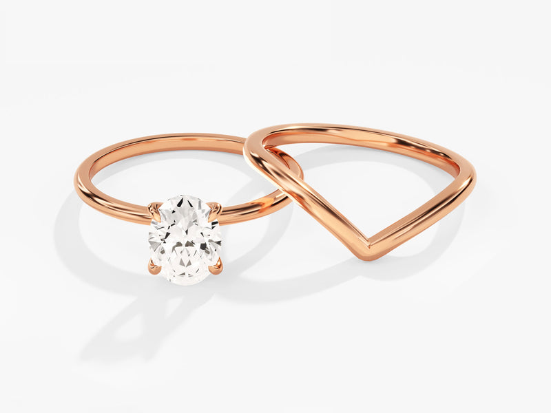 Rose gold oval diamond engagement ring and wedding band set