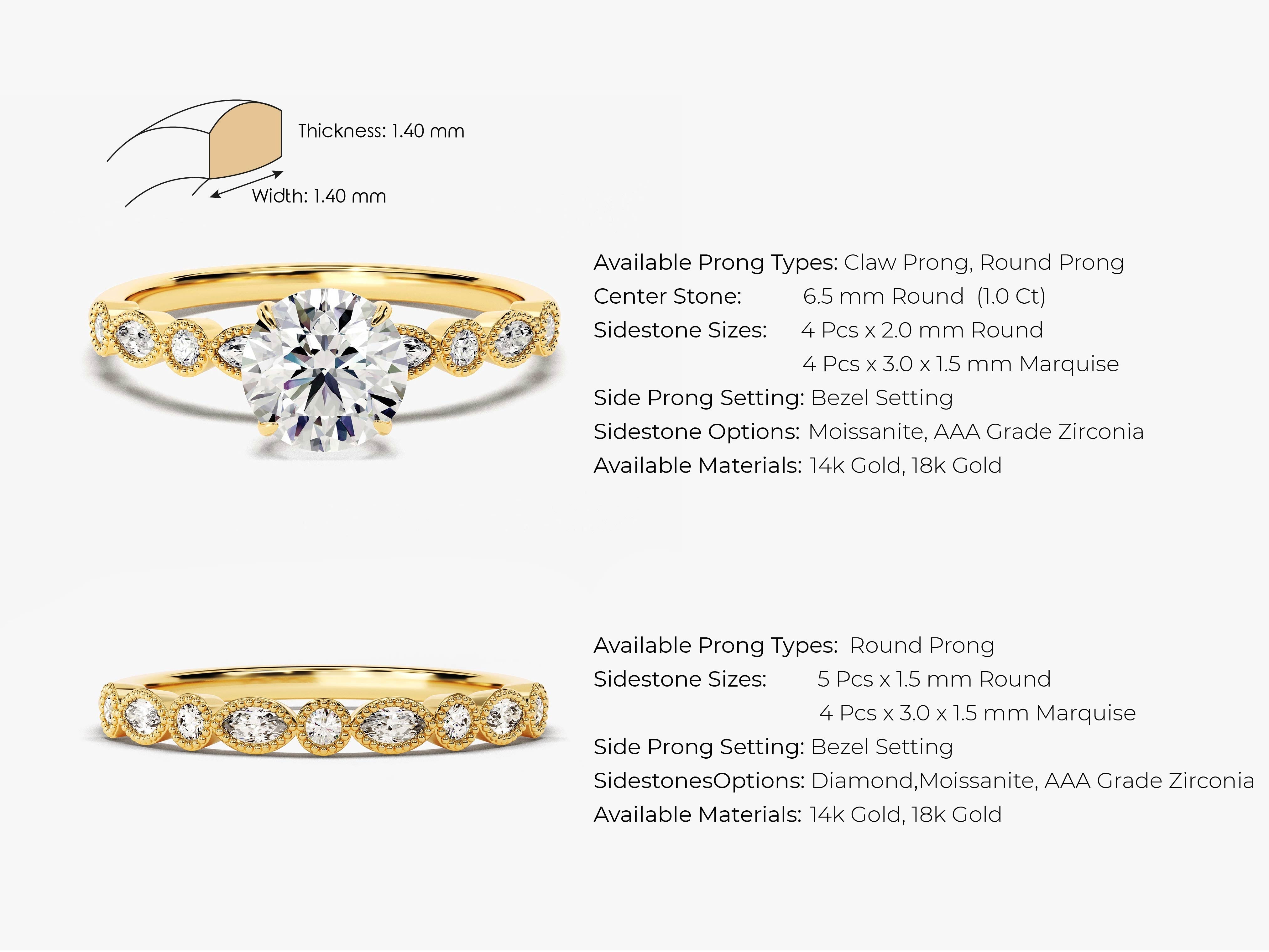 Gold ring with diamond and marquise side stones, 14k/18k gold