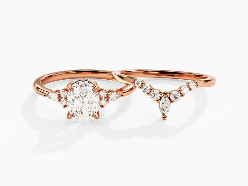 Rose gold oval diamond engagement ring and wedding band set