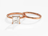 Rose gold engagement ring with princess cut diamond and wedding band