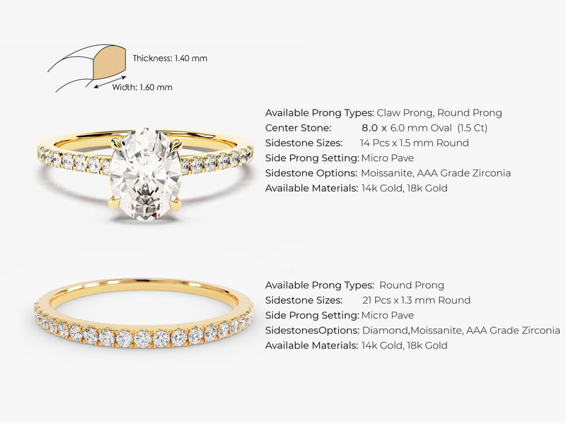 Gold rings with oval diamond and micro pave side stones