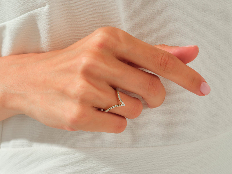 Diamond V ring on hand, fine jewelry, elegant design