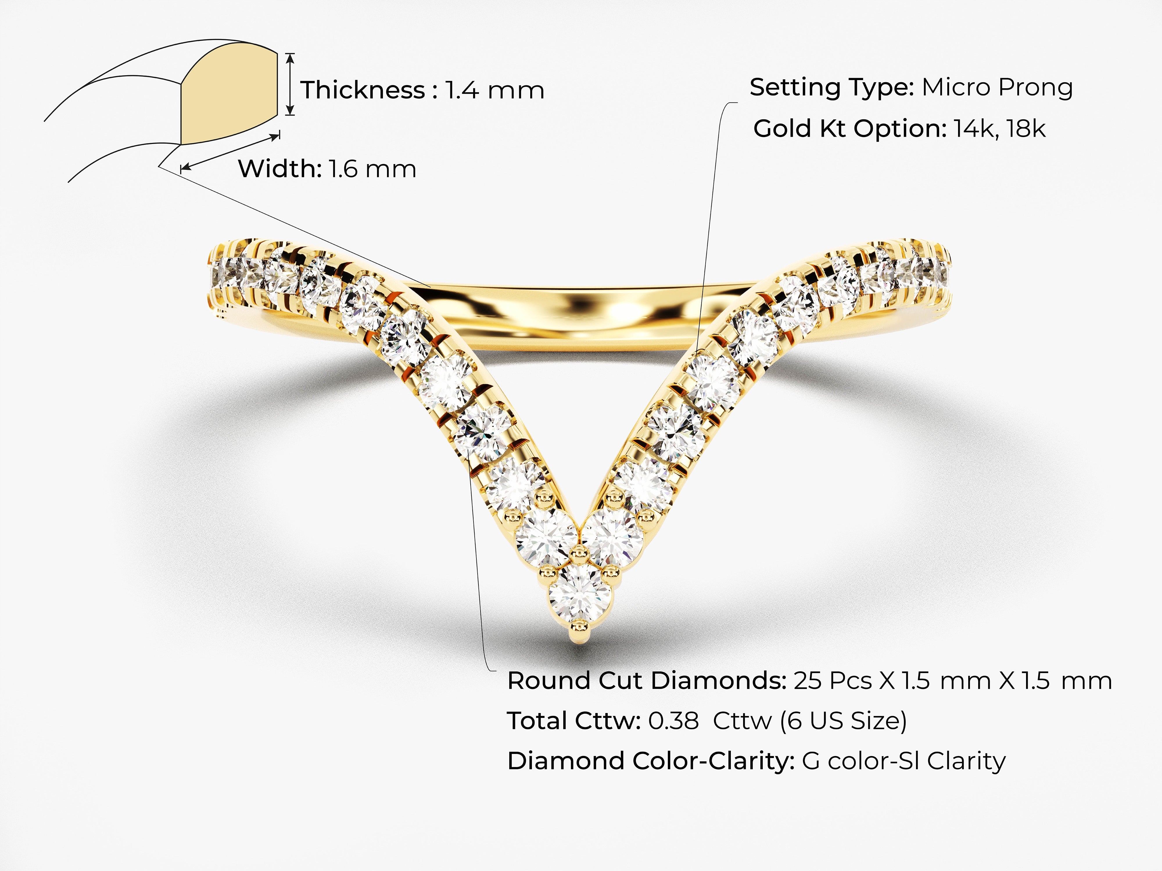 Diamond V-ring, 14k/18k gold, micro prong setting, 0.38 cttw