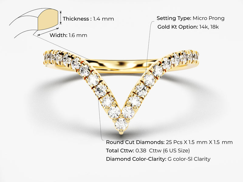 V-shaped diamond ring, 14k/18k gold, micro prong setting