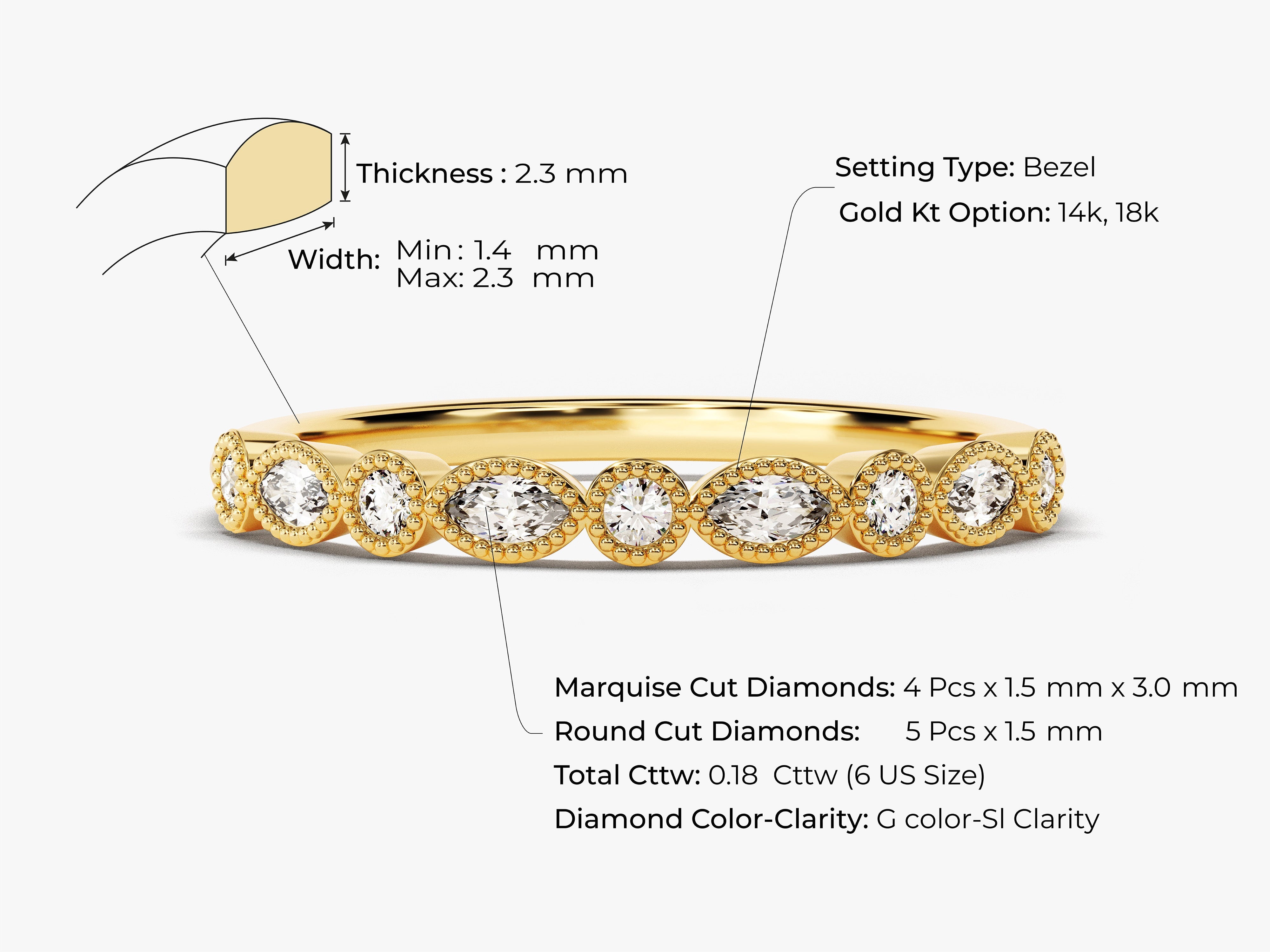 Bezel set diamond band, 14k/18k gold, marquise and round diamonds
