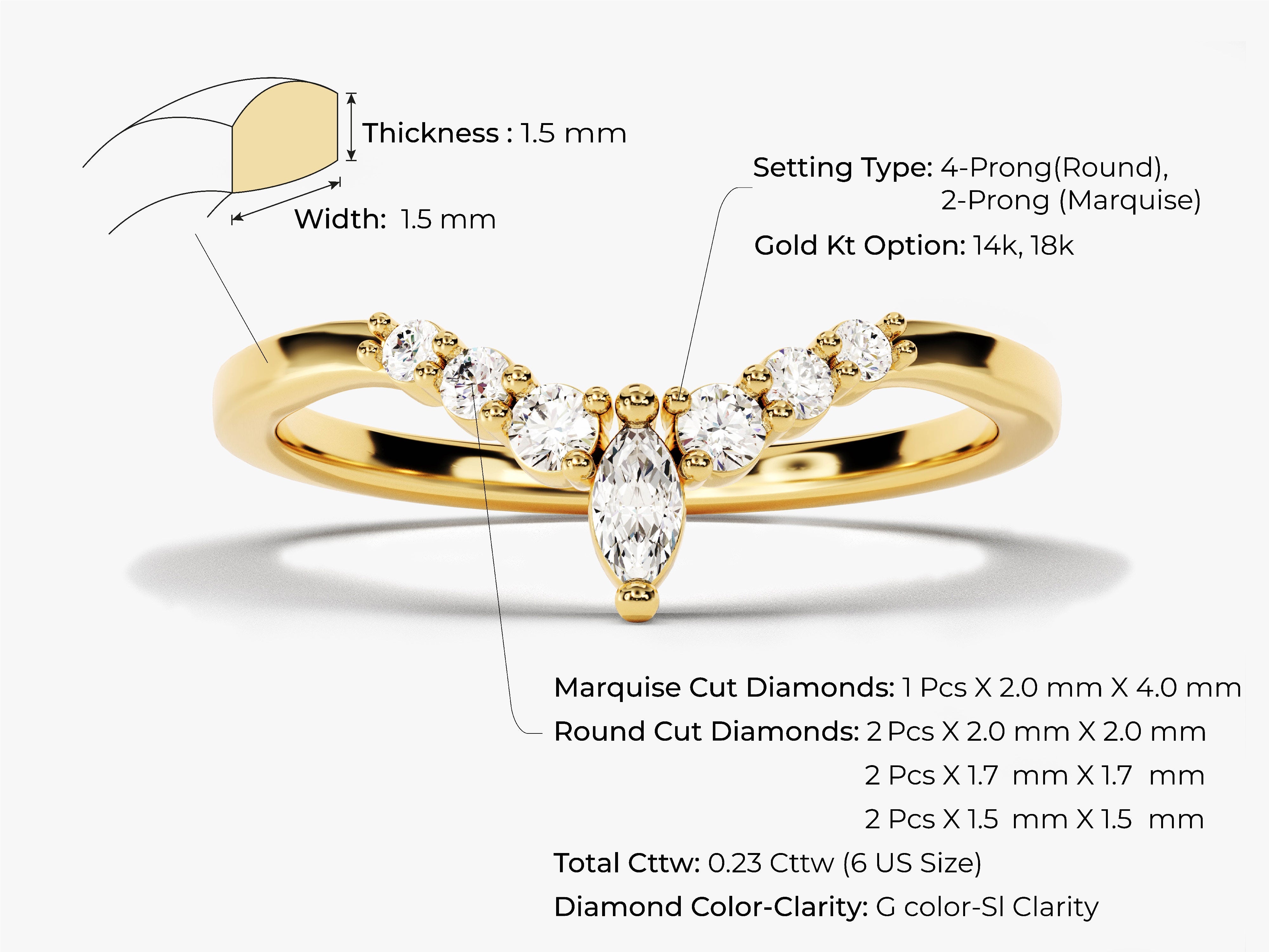 Gold marquise and round diamond engagement ring