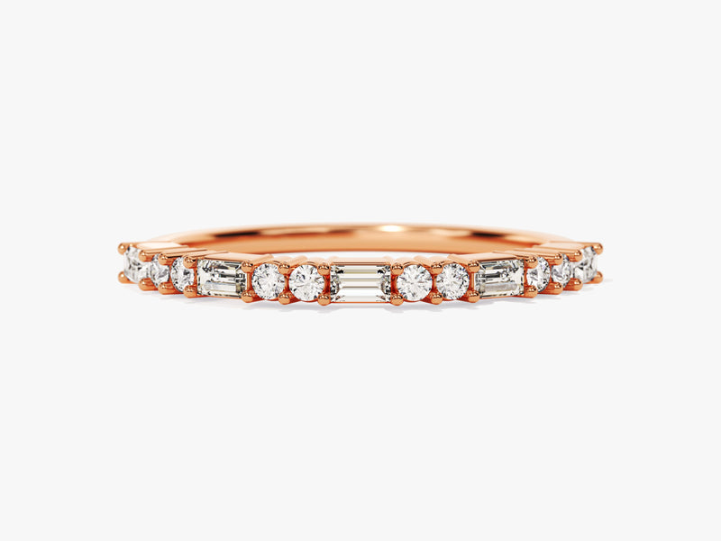 Rose gold eternity band with alternating round and baguette diamonds