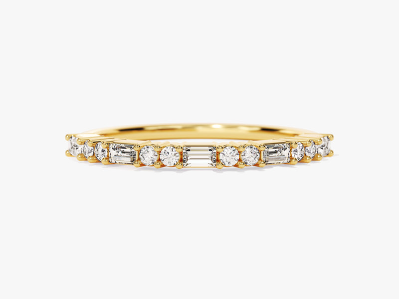 Gold band ring with alternating baguette and round diamonds