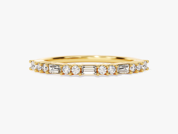 Gold eternity band with alternating baguette and round diamonds