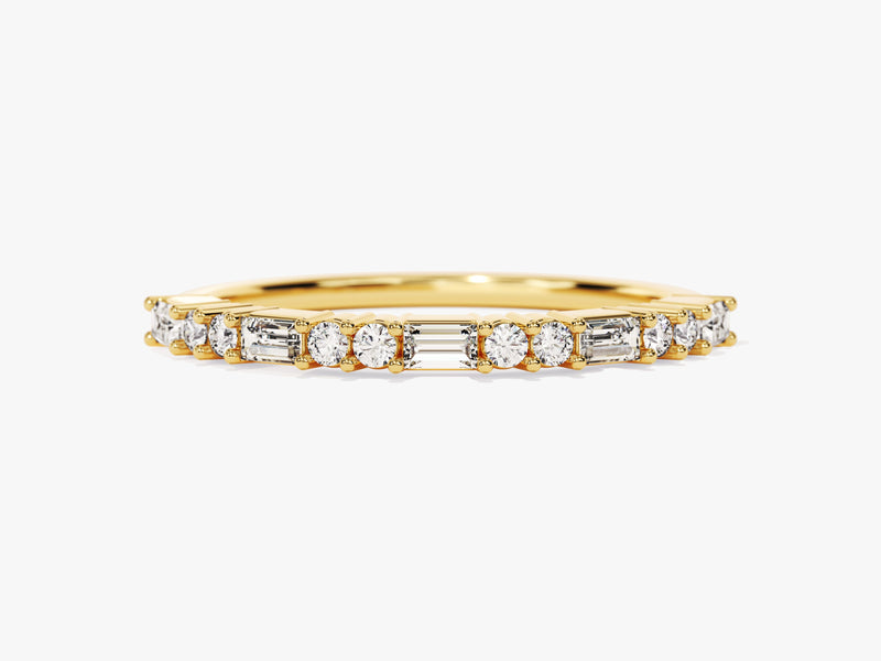 Gold eternity band with alternating baguette and round diamonds