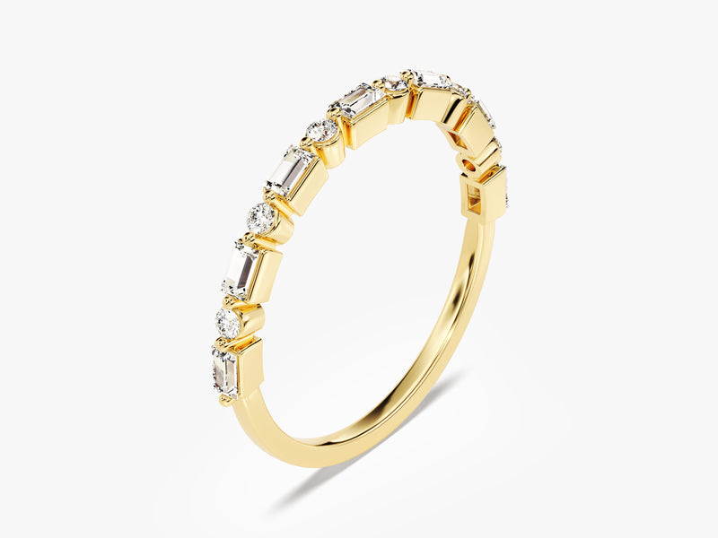 Gold ring with alternating baguette and round diamonds