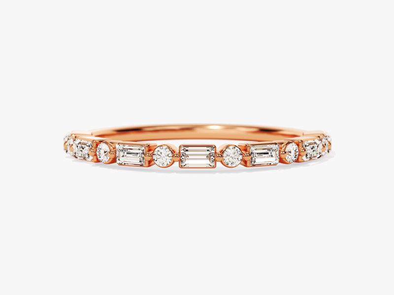 Rose gold diamond band ring with alternating round and baguette diamonds