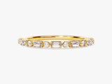 Gold band ring with alternating round and baguette diamonds