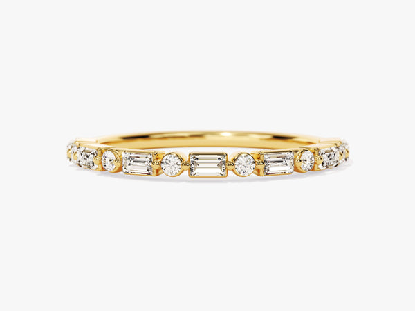 Gold band ring with alternating round and baguette diamonds