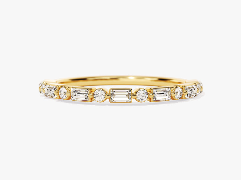 Gold band ring with alternating round and baguette diamonds
