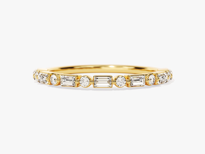 Gold band ring with alternating round and baguette diamonds