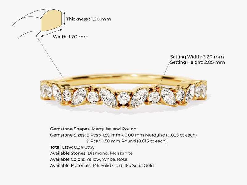 Gold marquise and round diamond anniversary ring