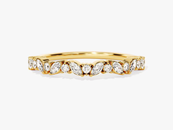 Gold marquise and round diamond curved band ring