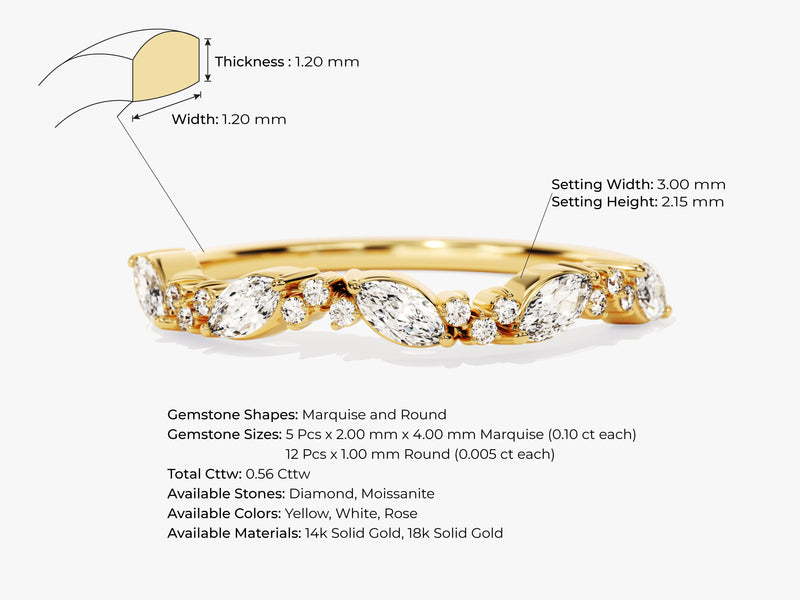 Gold marquise and round diamond ring with detailed specifications