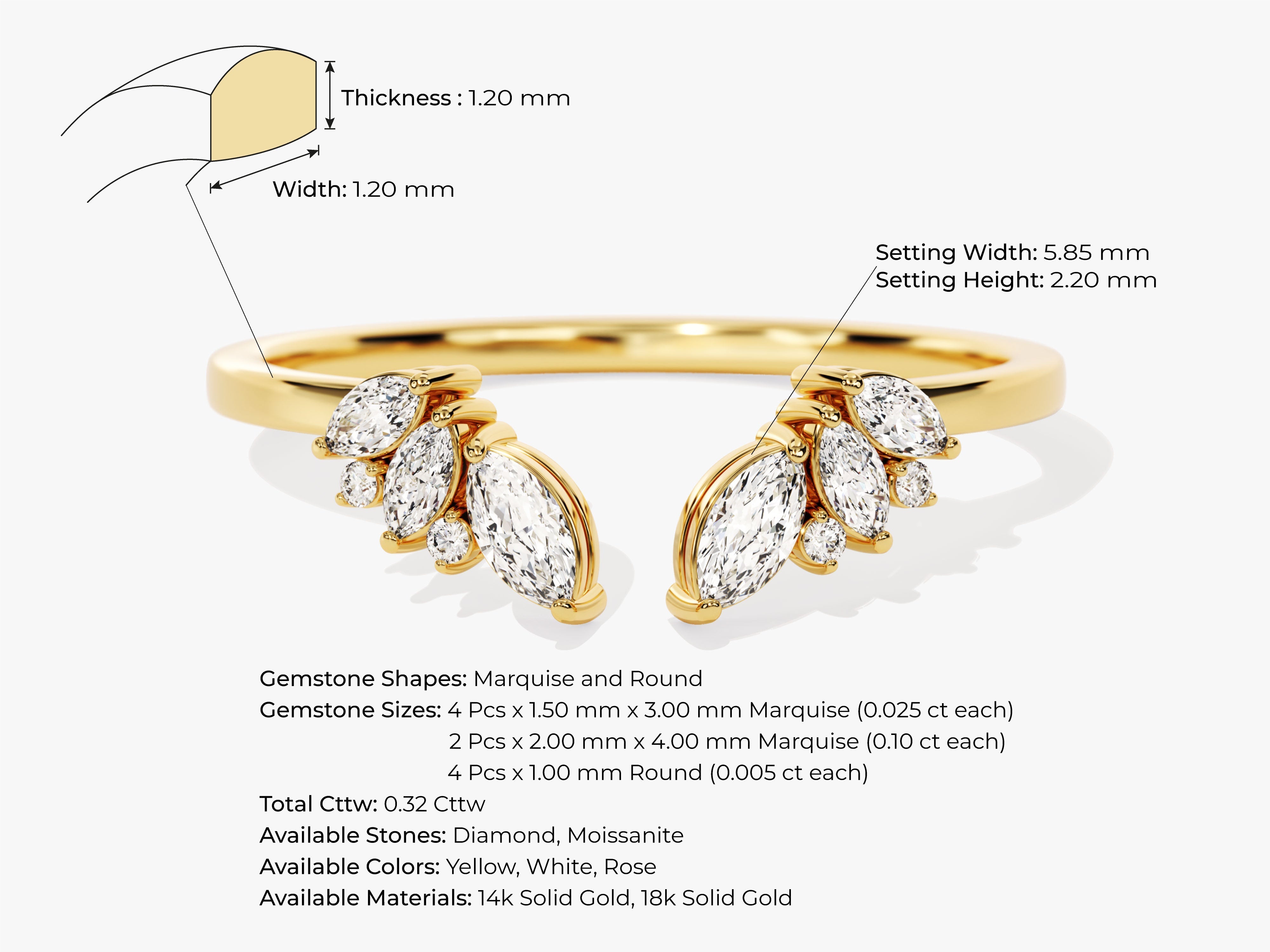 Gold ring with marquise and round diamonds, jewelry details