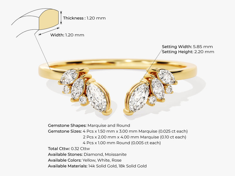 Gold ring with marquise and round diamonds, jewelry details