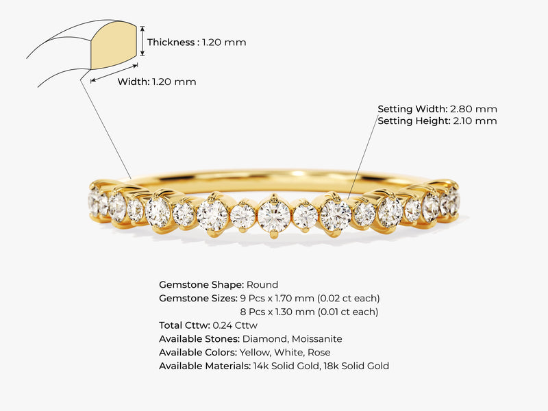 Gold diamond band ring with round gemstones, jewelry details