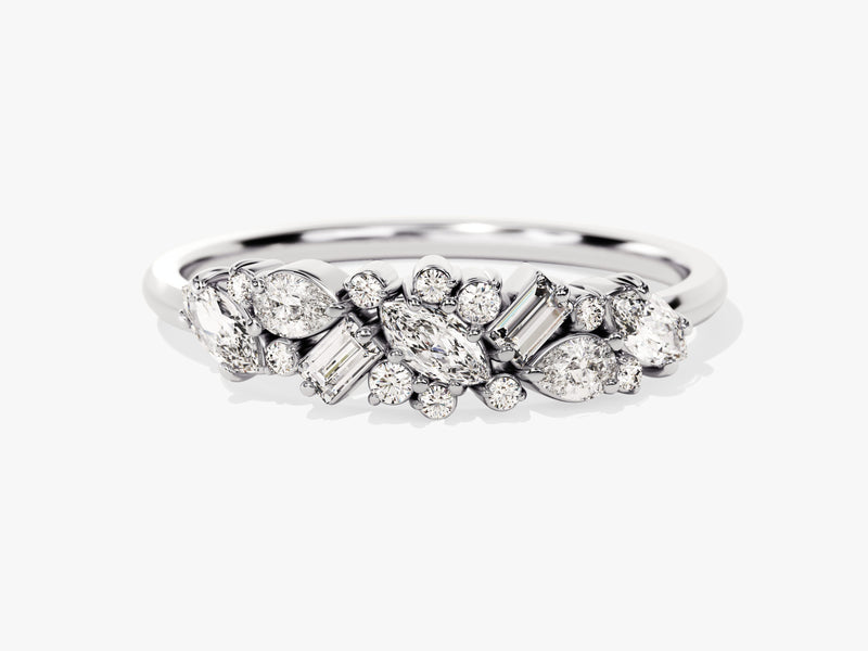 Diamond cluster ring, white gold, marquise, round, baguette cuts