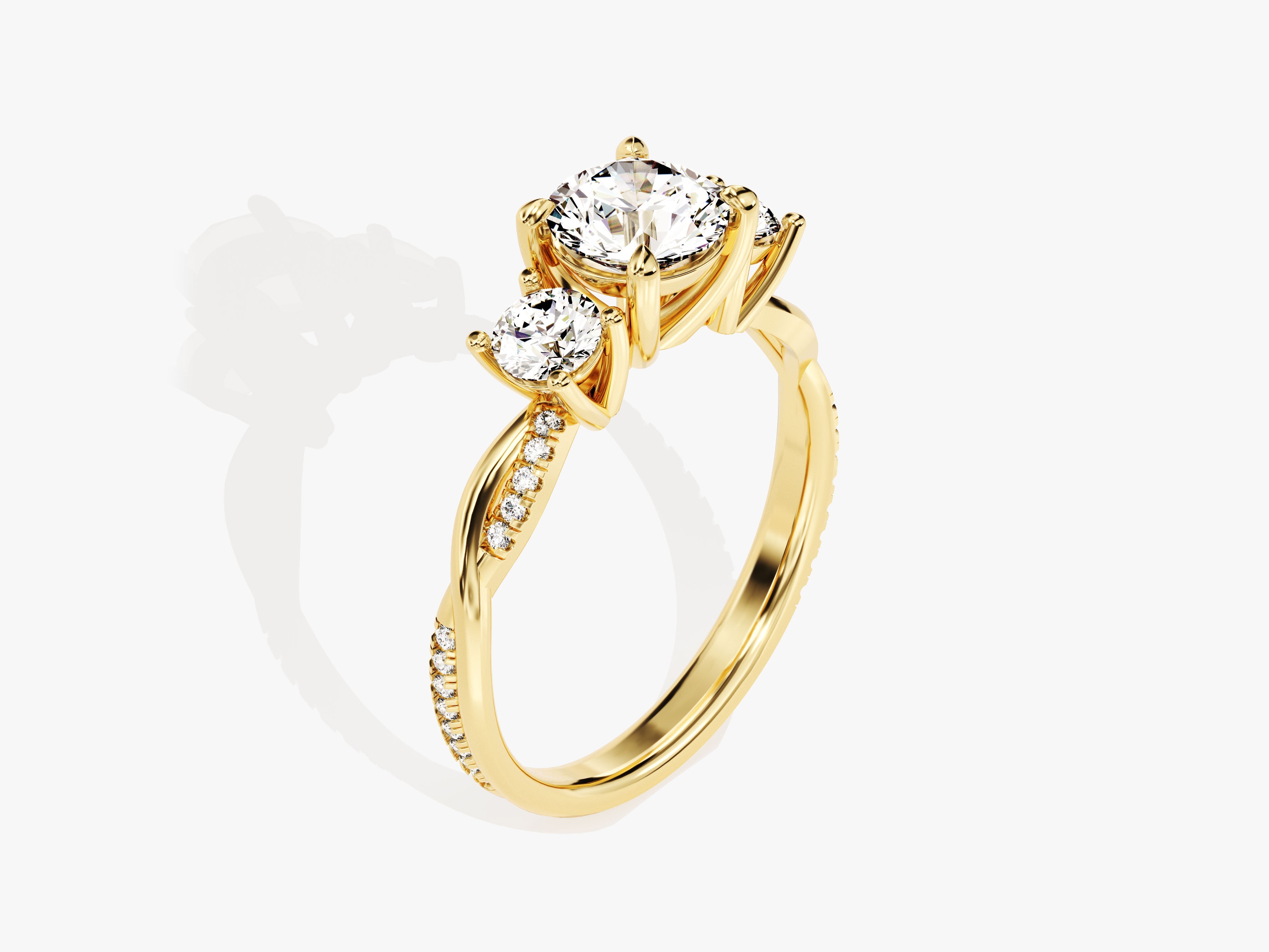 Gold diamond engagement ring with twisted band and pave diamonds