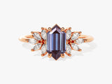 Rose gold ring with hexagon alexandrite and marquise diamonds
