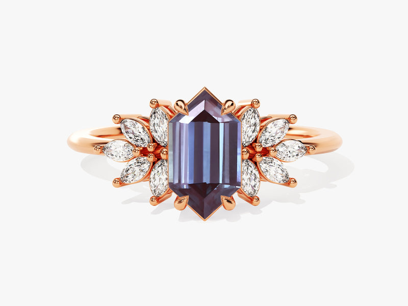 Rose gold ring with hexagon alexandrite and marquise diamonds