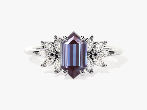 Hexagonal alexandrite ring with marquise diamonds, fine jewelry