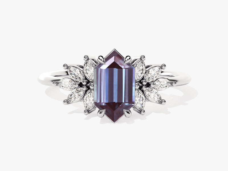 Hexagonal alexandrite ring with marquise diamonds, fine jewelry