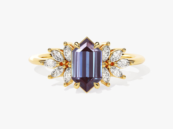 Gold ring with emerald-cut amethyst and diamond accents