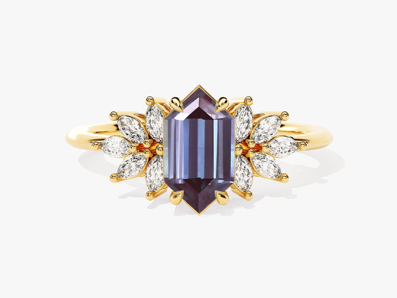 Gold ring with emerald-cut amethyst and diamond accents