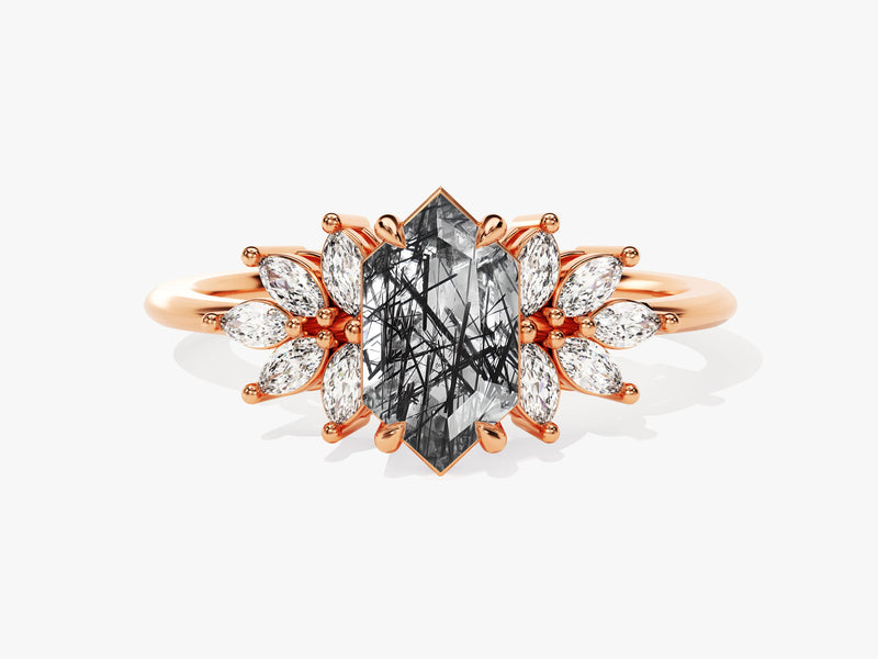 Rose gold ring with marquise diamonds and unique rutilated quartz center